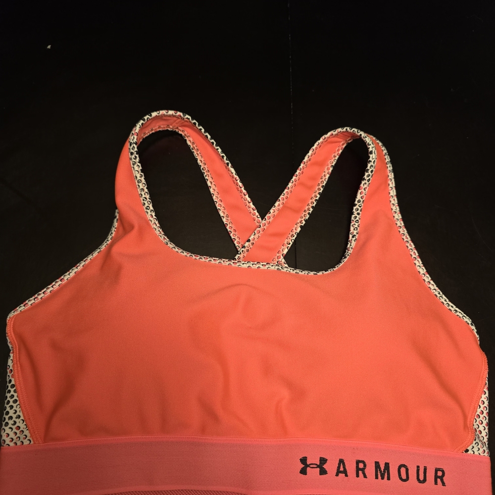 Under Armour Sports Bra XL Coral Pink Geometric Compression‎ Crossback Logo